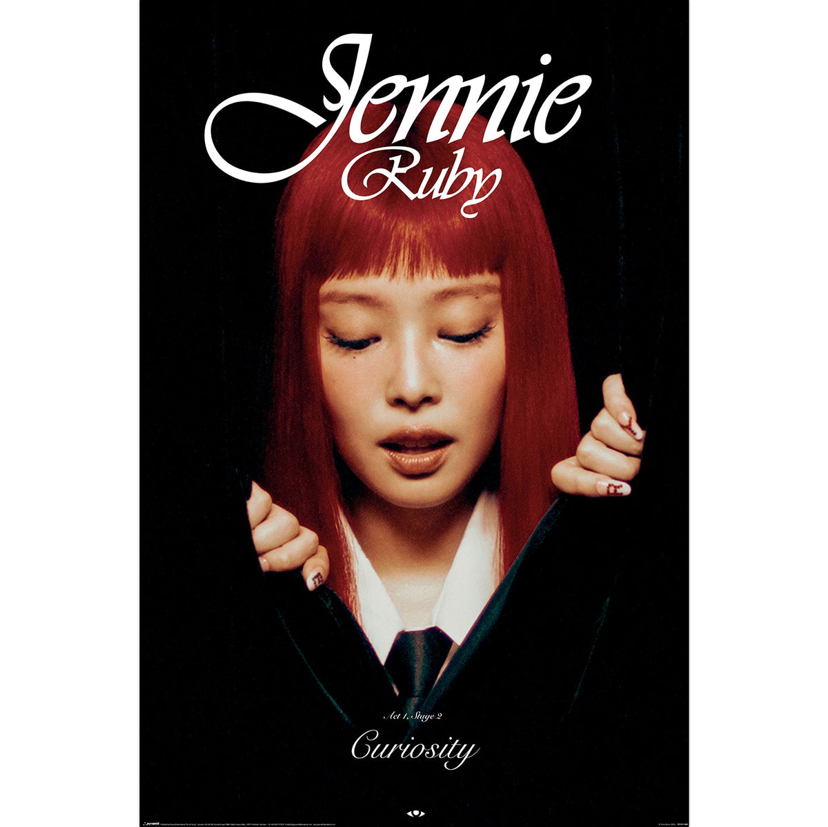 A poster-style portrait of Jennie from BLACKPINK with the text 'Jennie Ruby' at the top and 'Curiosity' near the bottom, shown against a black background.
