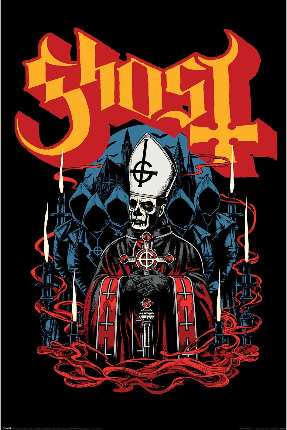 A Ghost band poster featuring a gothic-style illustration of a skull in a white bishop's mitre, surrounded by candles, red drapery, and the band's name in large orange and red lettering on a black background.