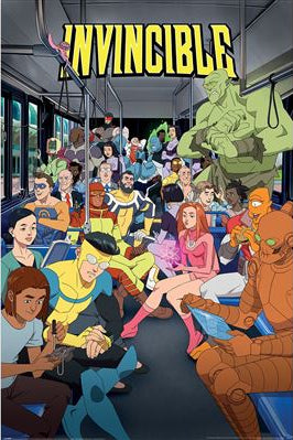 Comic book cover of 'Invincible' with characters on a bus