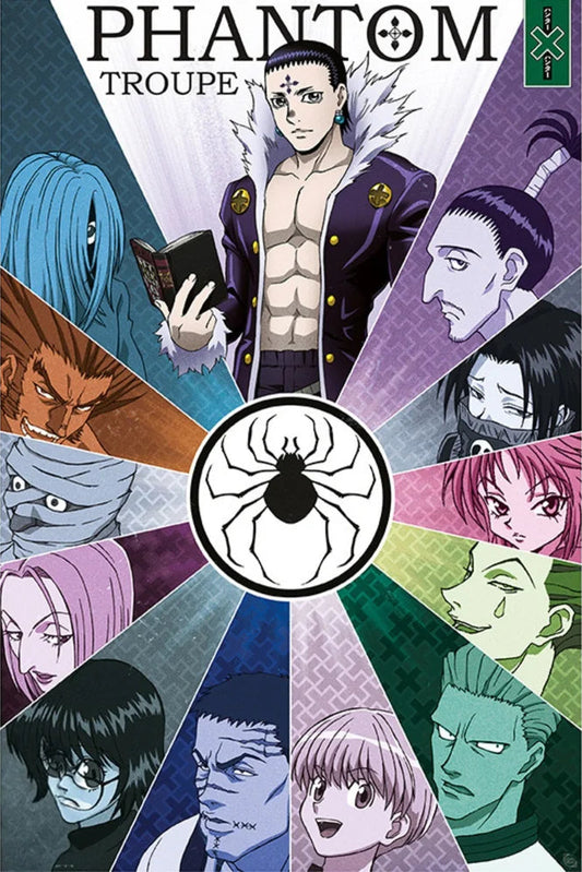 Promotional poster for 'Phantom Troupe' featuring characters in a circular arrangement with central logo.