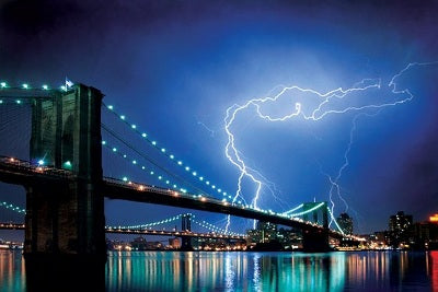 New York Brooklyn Bridge Lightning Poster